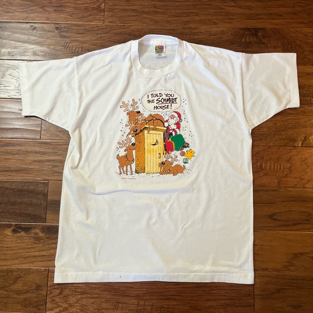 VTG 90s Santa “I Told You The Schmidt House” Christmas T Shirt XL.